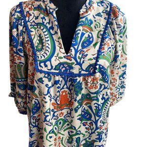 Joy Joy Medium Blue & Orange Floral Short Sleeve Satiny Embellished Lined Blouse